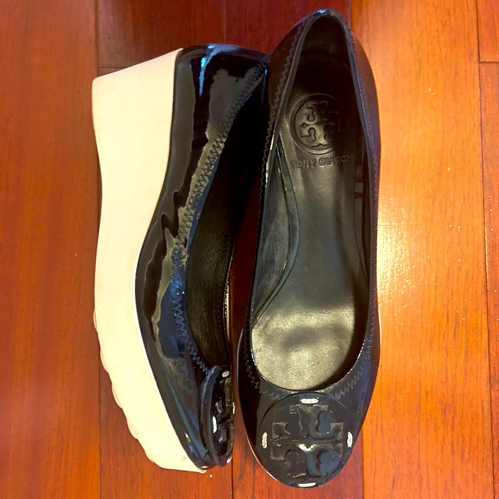 Tory Burch black patent wedges